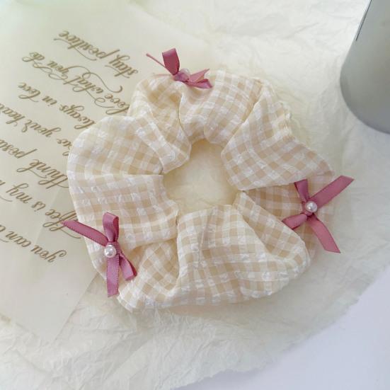 Plaid Hair Scrunchies No Crease Frizz Control Faux Pearl Bow Hair Ties No Damage Rubber Band Ponytail Holder Women Girls Hair Accessories