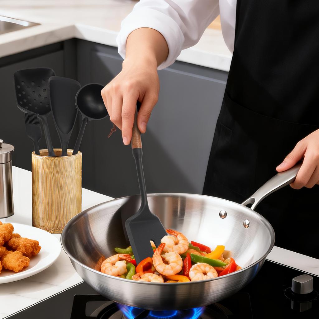 5Pcs Silicone Cooking Utensil Set Non-stick Cookware Heat Resistant Spatula Ladle Set Wooden Handle Cookware Tool Accessoires