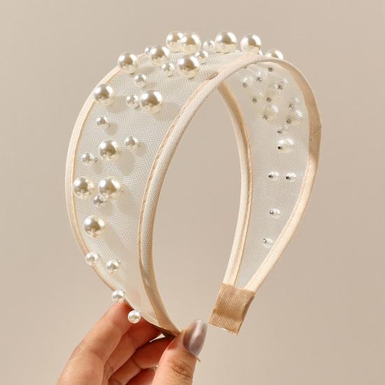 Widened Curved Hair Hoop, Breathable Mesh Base Headband with Imitation Pearls Decor, Anti-Slip Hemming Face Shaping Hair Accessory