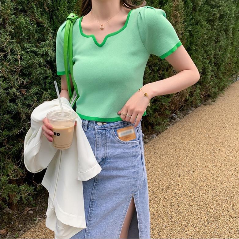 

Дизайнерские трикотажные футболки с квадратным воротником и короткими рукавами, новые весенние и летние облегающие рубашки, женские топы One size