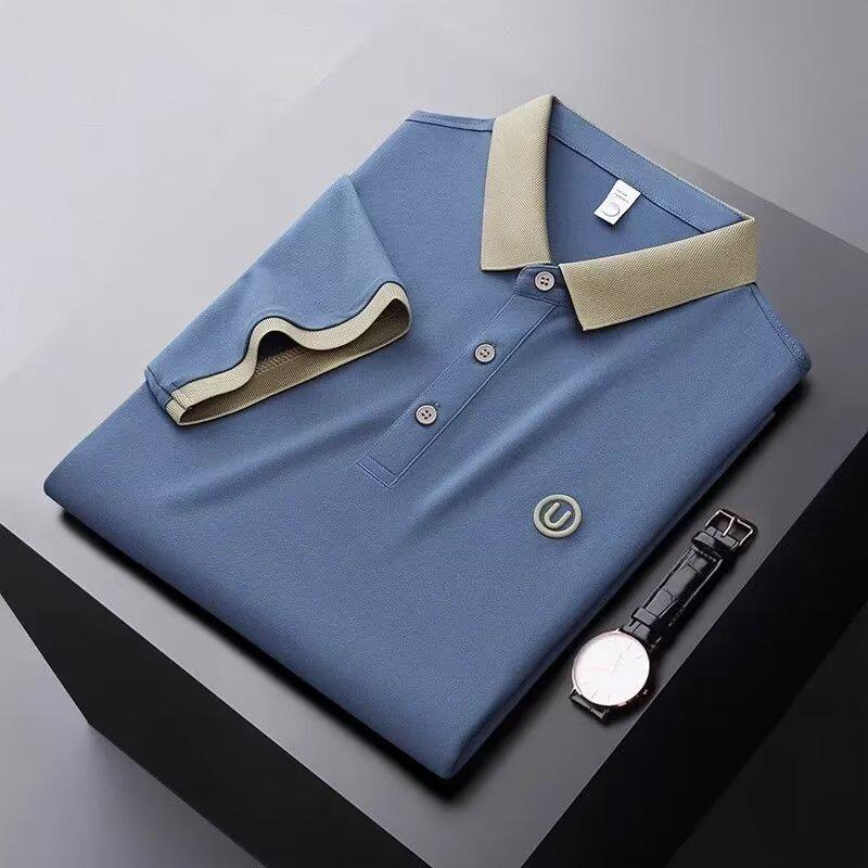 Men's British Style Light Luxury Polo Shirt with Contrasting Color Lapel, Short Sleeves, and Letter Embroidery - Casual Summer Trend.