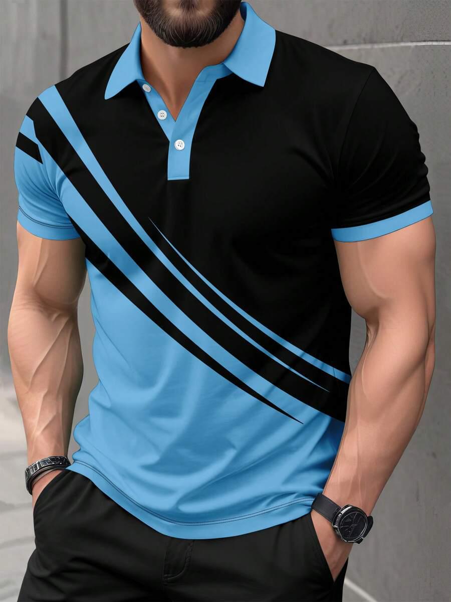 

Men s Striped Polo Shirt with Turn-Down Collar and Short Sleeves L небо синє кольору