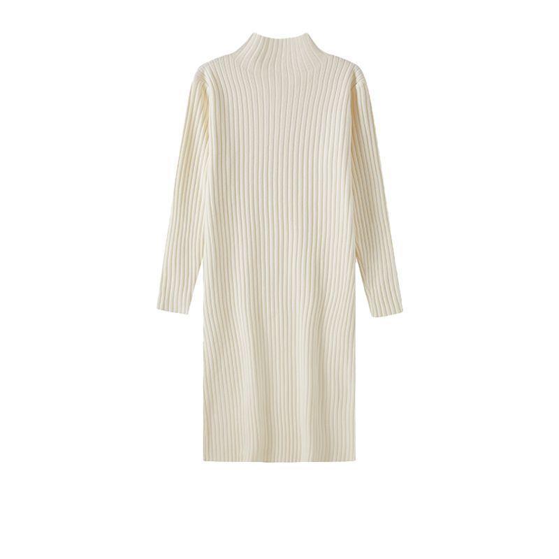 Women's Autumn & Winter Wool Knit Dress - Half-High Collar, Loose Long Sleeve, Mid-Length Base Layer Over the Knee.