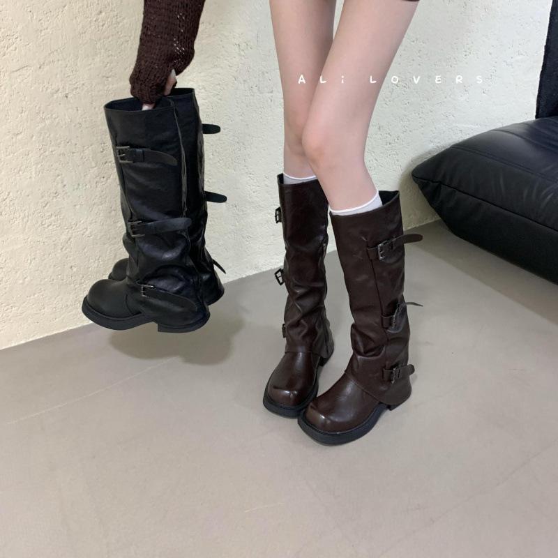 French retro thick-heeled boots women's autumn and winter black thick-soled thin boots women's wasteland wind wrinkled pile short boots
