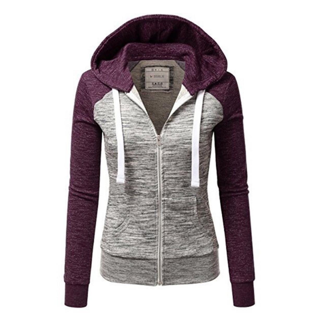 Women s Fashion 3-Tone Colorblock Slim Fit Hooded Zip Up Sweatshirt Jacket Casual Outerwear for Spring Autumn S