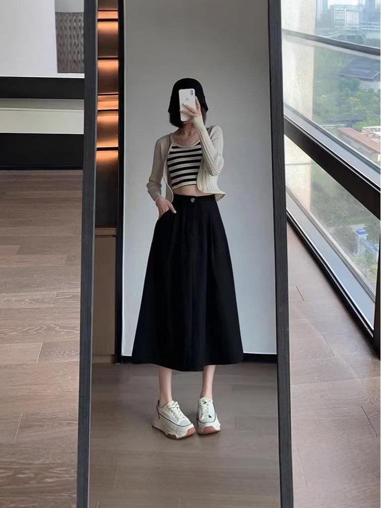 European & American Slimming High Waist A-line Midi Skirt with Large Hem