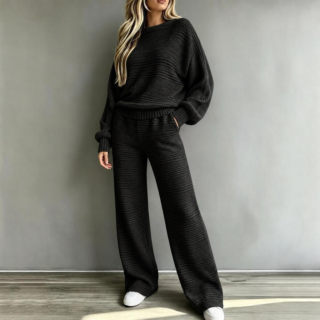 Women's Ribbed Knit Two-Piece Set Long Sleeve Top and Wide Leg Pants Casual Outfit