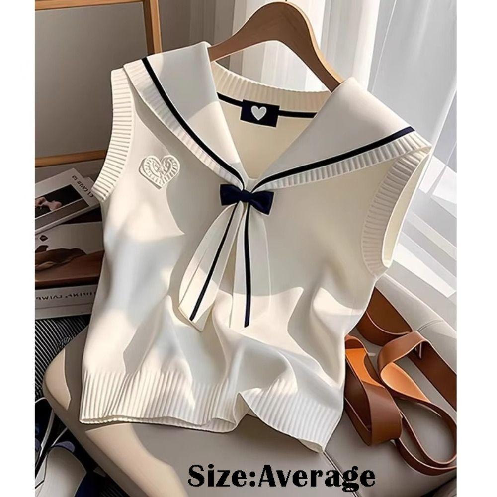 Commute Style Sweet Sailor Collar Top Vintage Design Chic Bow Top New Waistcoat  Summer
