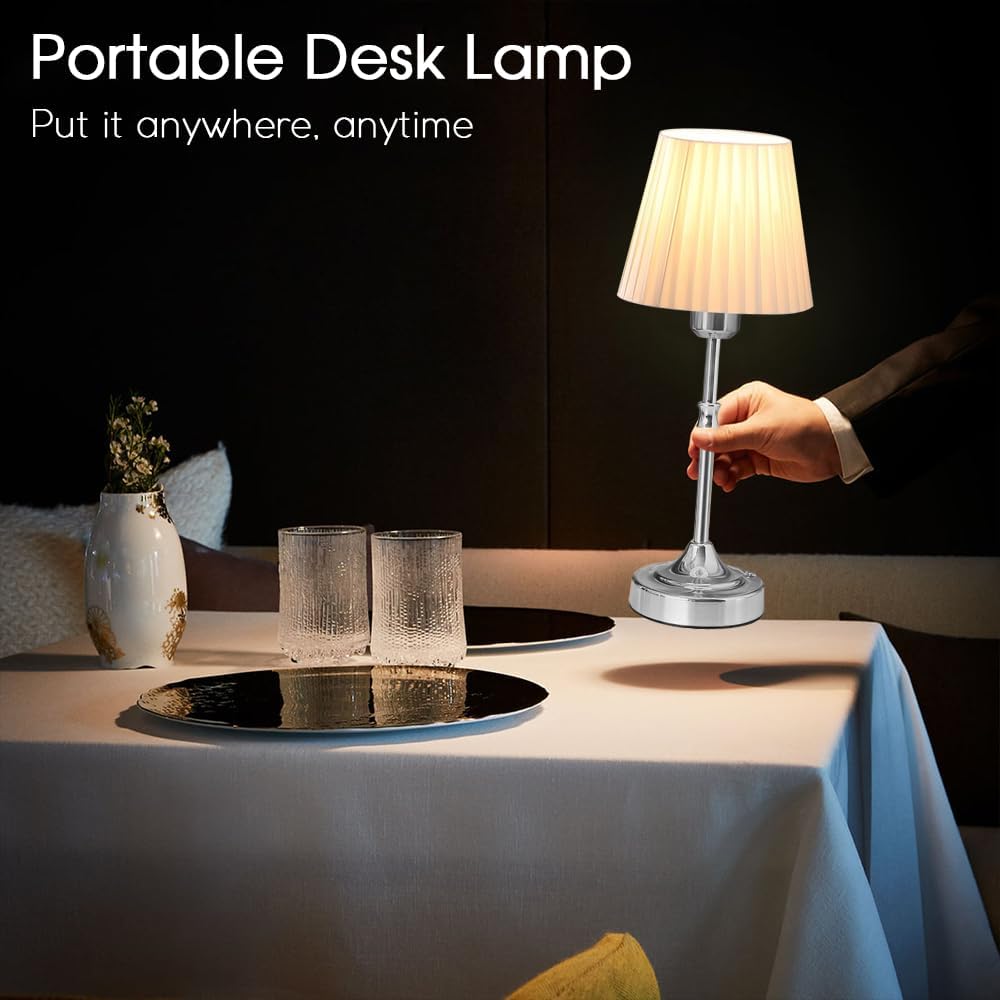 Cordless LED Metal Table Lamp, Portable Fabric Shade Desk Lamp, 3-Level Brightness, Touch Sensor Control, Rechargeable Bedside/Nursery/Dining Room
