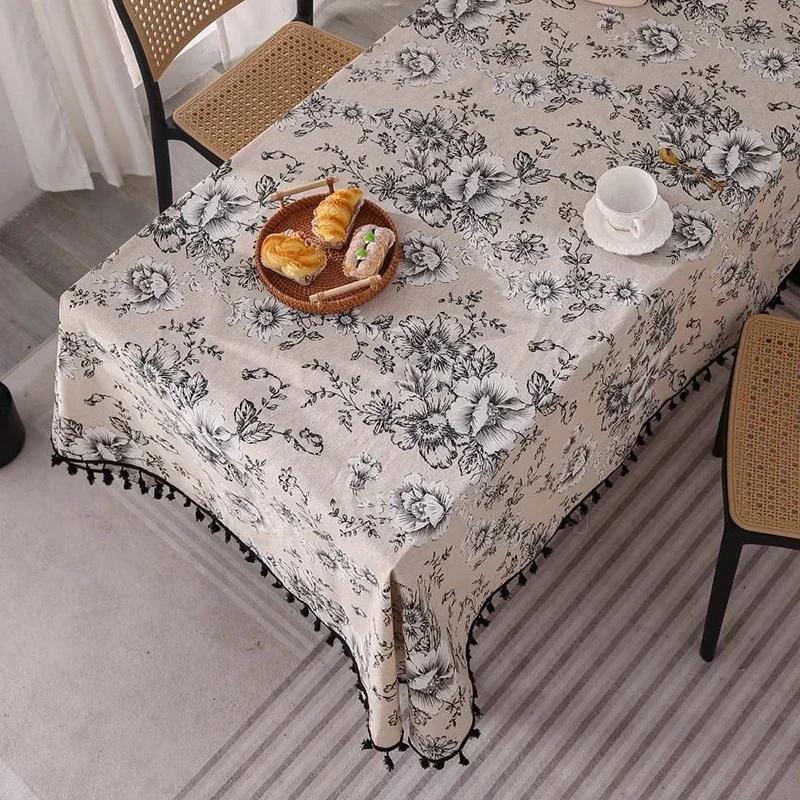 Green Printed Pines Birds Tablecloths Rectangle Cotton Linen Table Cloth Table Cover for Kitchen Dining Tables Picnic Decoration