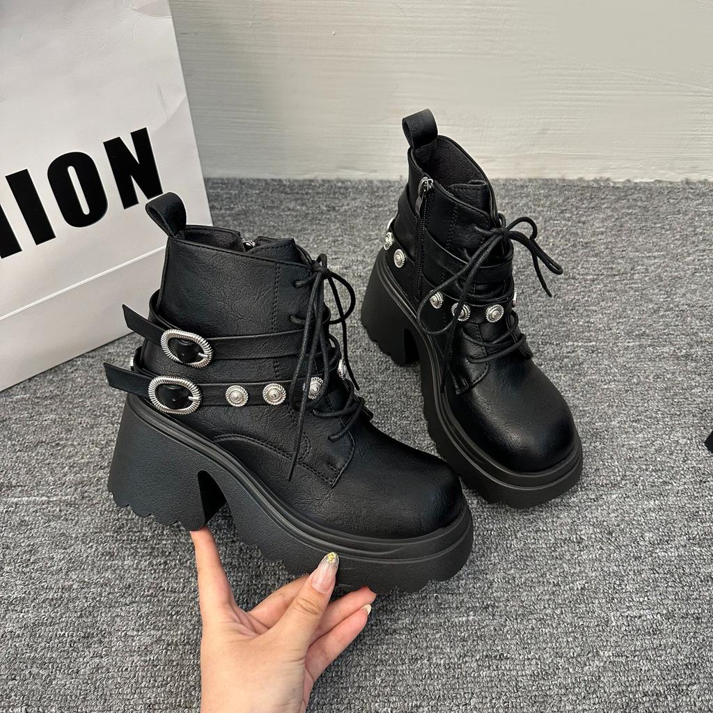 Fashion New Women's Pu Leather Ankle Boots Women Autumn Winter Round Toe Lace Up Shoes Woman Motorcycle Platform Botas Gothic Shoes