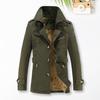 Yousheng Men Cotton Jacket Button Closure Solid Color Autumn Coat with Pockets Thickened Velvet Lining Casual Windbreaker