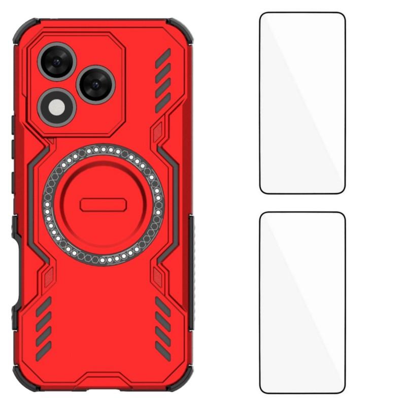 

For Honor 400 Lite 5G Magnetic Case WANLONFENG DJ Series PC TPU Phone Cover with 2Pcs Tempered Glass Film Red