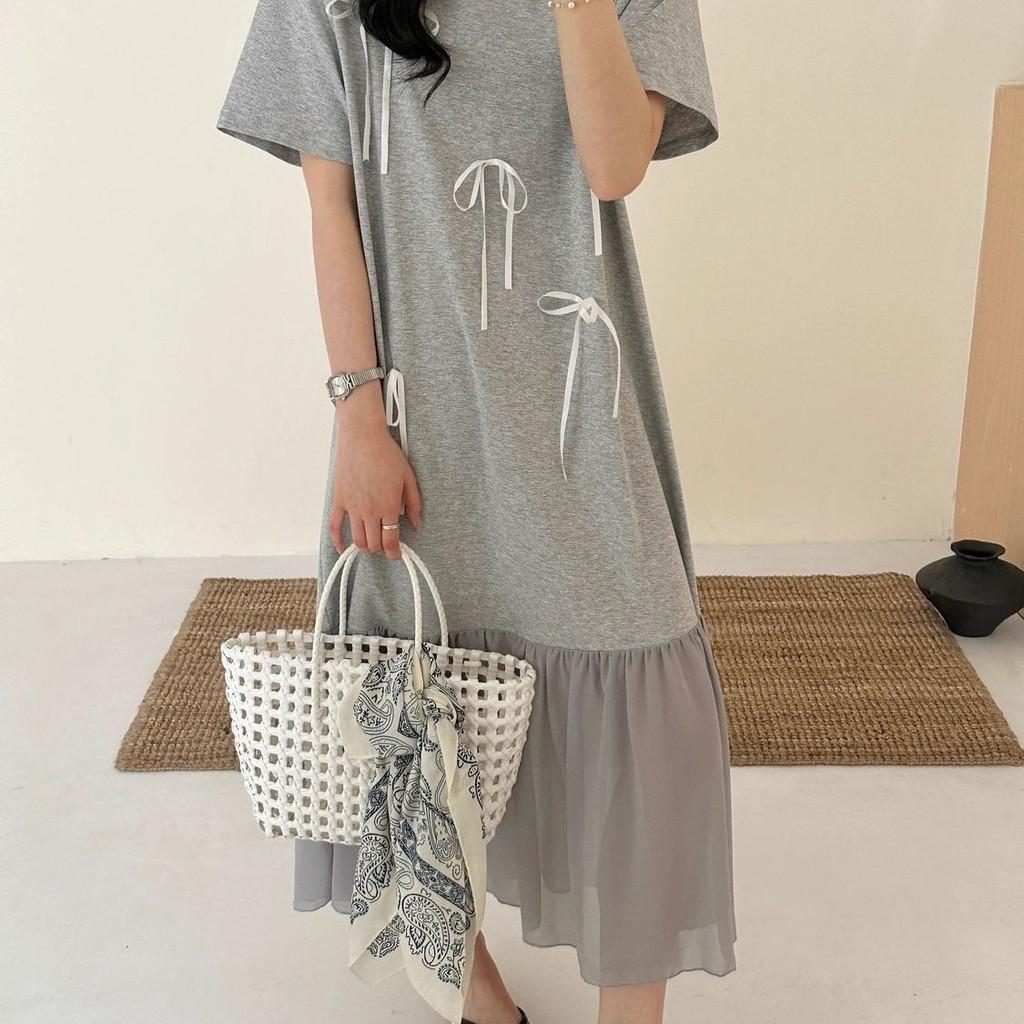 Summer Elegant Knit Dress With Puff Sleeve And Splicing For Casual Wear