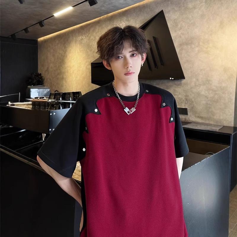 

Мужская футболка оверсайз с цветными блоками и заклепками, повседневная уличная летняя топ M красный