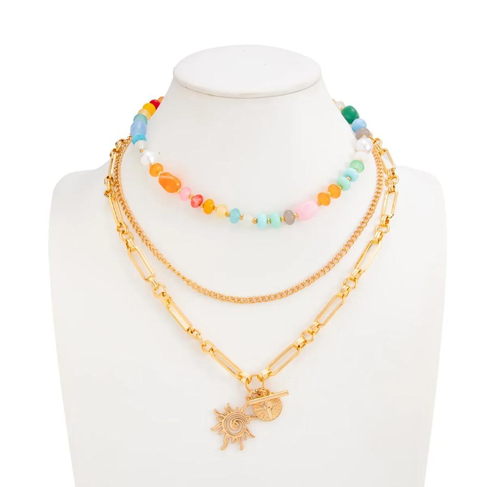 Vintage Gold Color Sun Flower Pendant Necklace Women Geometric Imitation Pearl Resin Glass Beaded Choker Jewelry