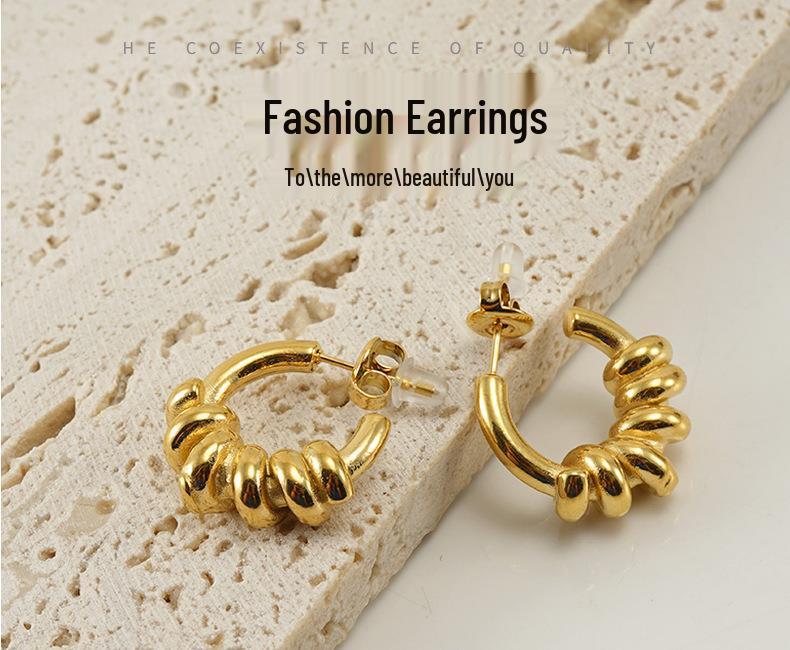 Stainless Steel Spiral Round Earrings for Women, 18K Gold-Tone Titanium Fashion Style