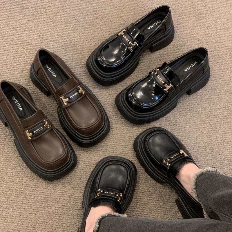 Platform loafers women's autumn and winter retro bright leather Mary Jane one-pedal French Hepburn style black commuter shoes