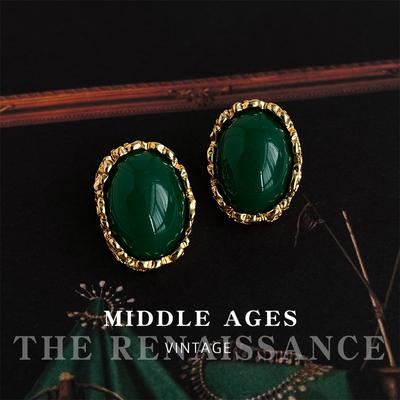 Light Medieval Chinese Temperament Retro Emerald Oval Earrings Exaggerated Hong Kong Style Stud Earrings