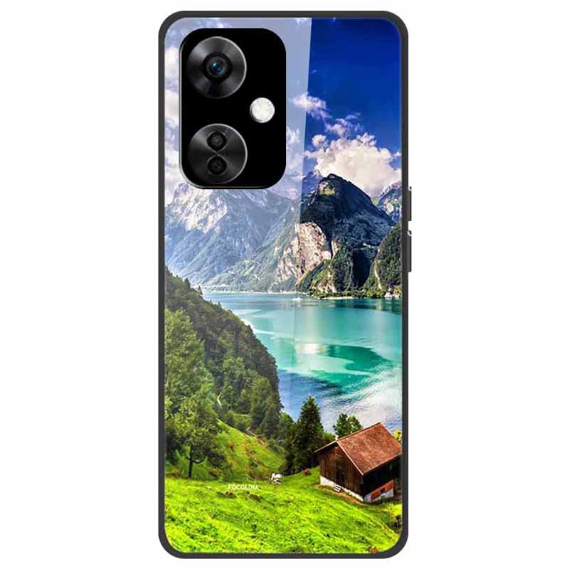

For OnePlus Nord CE3 5G Case Pattern Printing Tempered Glass Cell Phone Cover Green Mountain Cabin