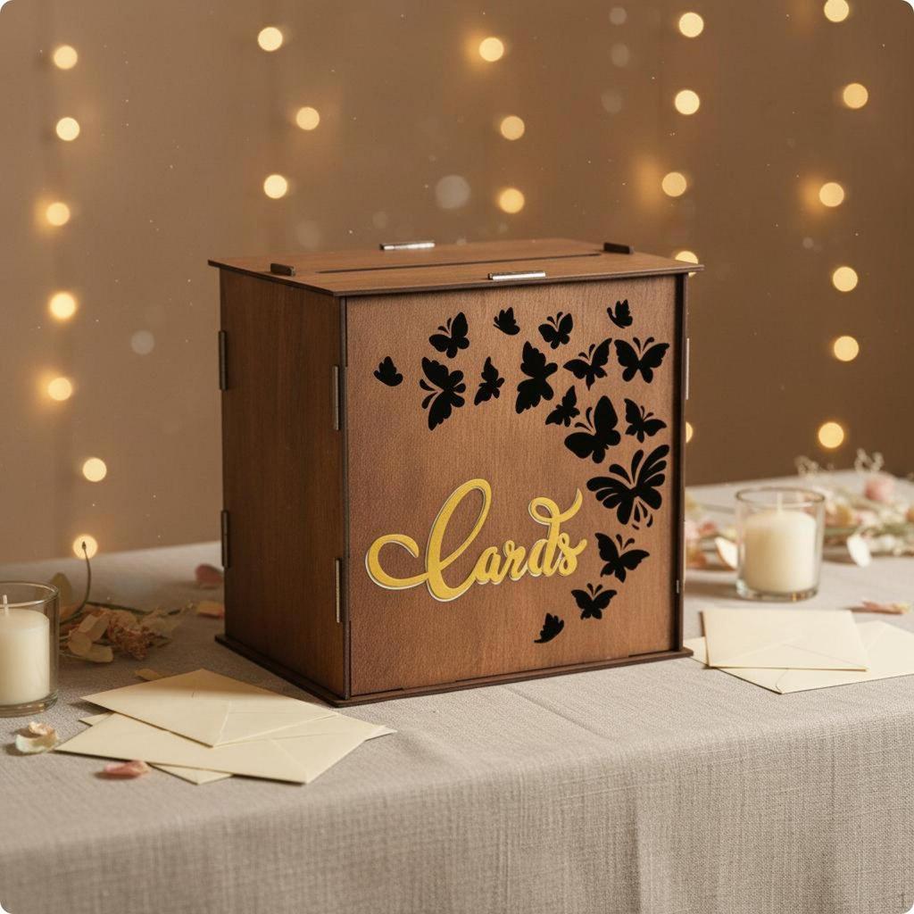 Nuptial Card Box Cards Slot Wooden Butterfly
