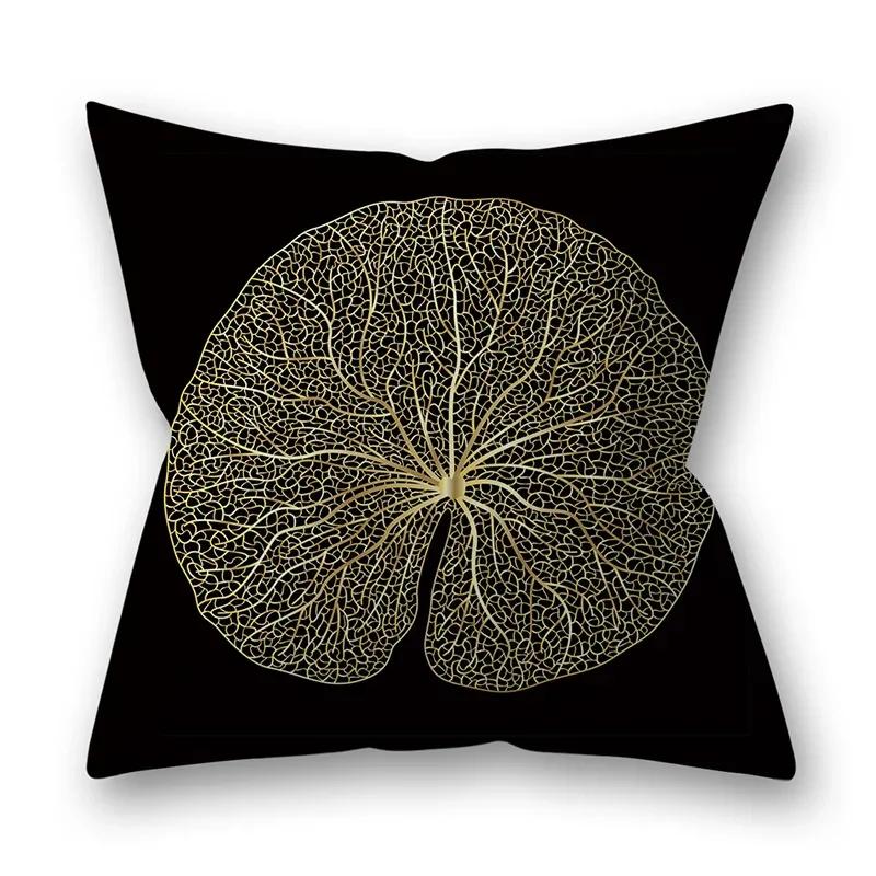45x45cm Golden Feather Black Pillowcase Custom Leaves Plants Cushion Cover Sofa Living Room Home Decor Square Pillowslip
