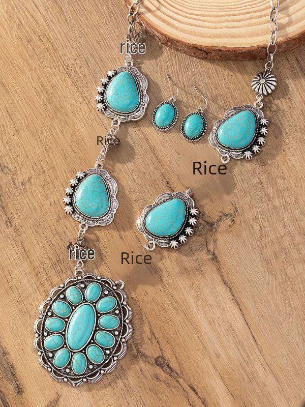 European & American Retro Turquoise Necklace and Earring Set