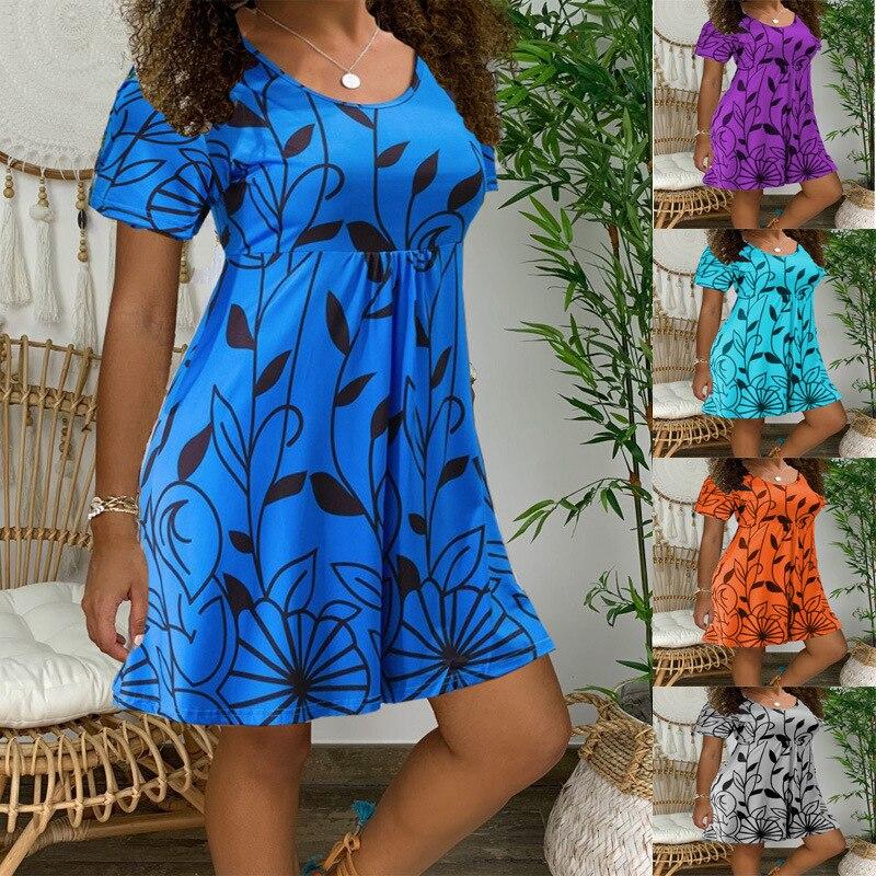 2023 Summer Casual O-neck Printing Dress For Women Fashion Short Sleeve Dress High Waist Short Skirt Vestidos De Verano 24744
