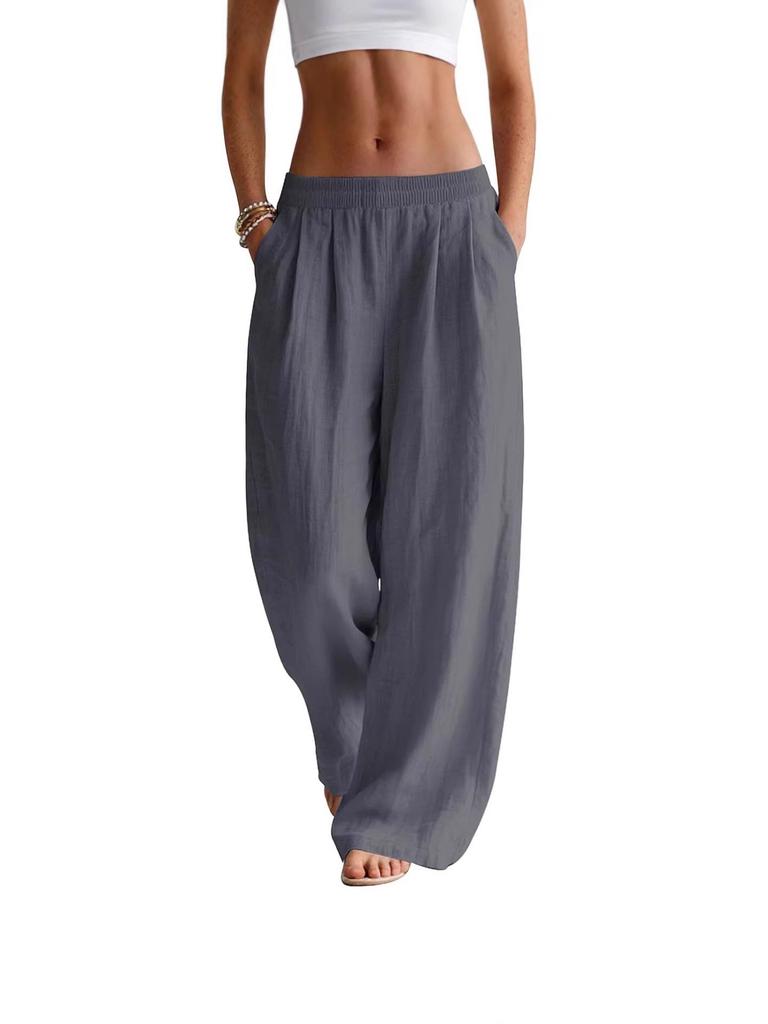 Women's Flowy Linen Wide-Leg Pants - Summer Beach Travel Wear with Elastic Waist & Pockets