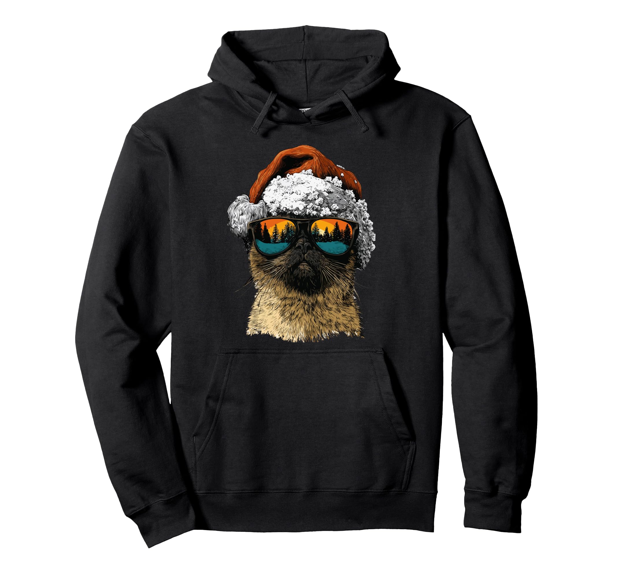 

Siamese cat wearing sunglasses, snow, Santa hat, snowy Christmas, hoodie