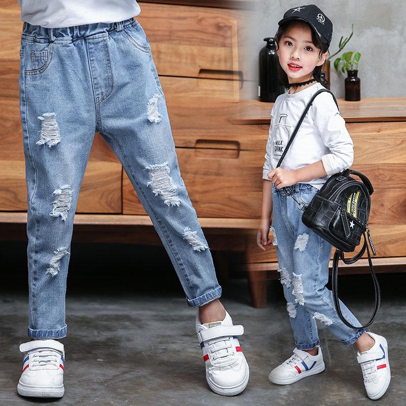 Spring Autumn Teenager Ripped Denim Pants Children Trousers Kids Hole Pants Casual Boy Girls Jeans 3-12 Year Kid Clothes