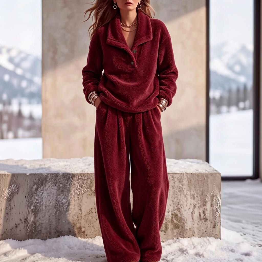Women's Casual Set with Long Sleeve Top and Pants, Collar Two Piece Outfit for Fall Winter Home Wear