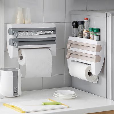 Multifunction Kitchen Organizer Wall-mounted Tin Foil Storage Rack Preservative Film Box Dispenser Sauce Roll Paper Storage Box