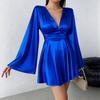 Women Deep V Neck Bell Sleeve Satin Dress Sexy Split Front Mini Dress Party Cocktail Dress