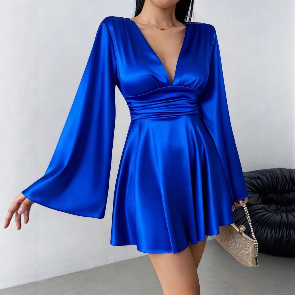 Women Deep V Neck Bell Sleeve Satin Dress Sexy Split Front Mini Dress Party Cocktail Dress