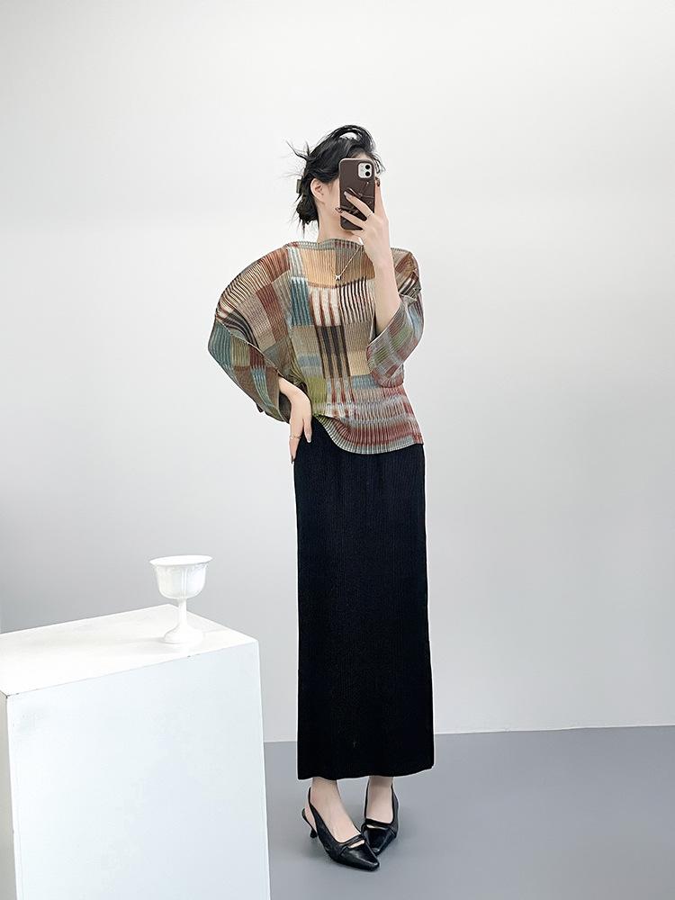 Miyake Pleats Akordeonový Top - Retro Color Block 7-rukávový Ležérní Krycí