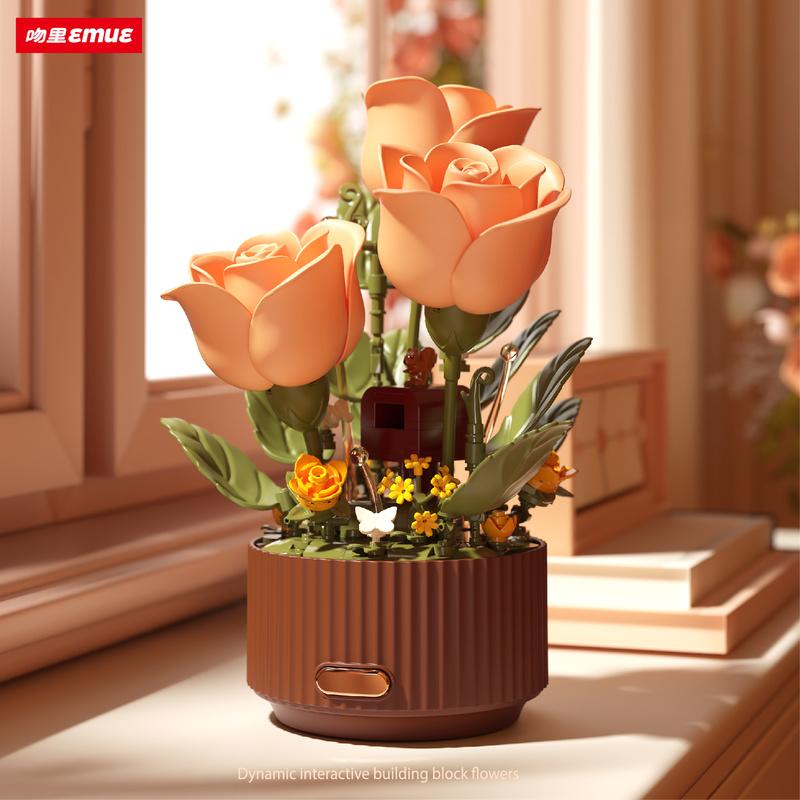 Romantic Kiss Eternal Flower Building Blocks Electric Rose Bouquet Blooming Garden With Simulated Watering Function