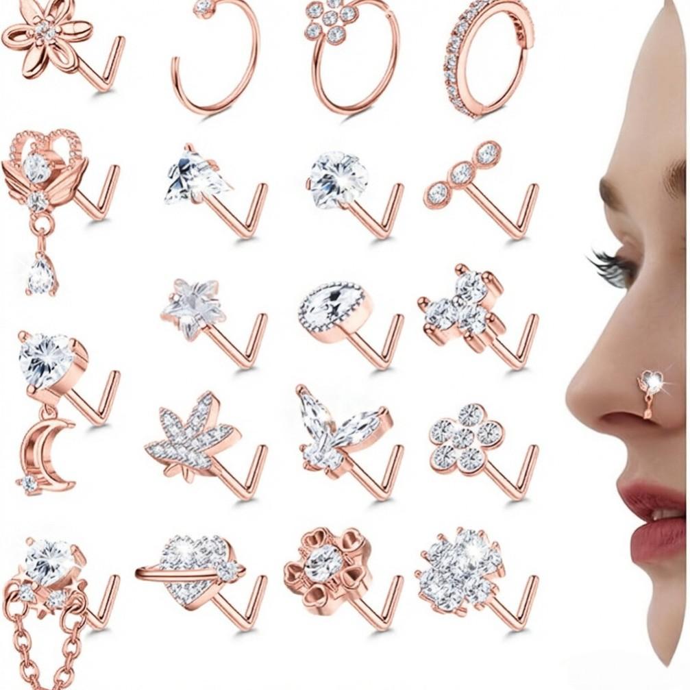 Multi-Style 316 Stainless Steel Diamond-Inlaid Flower Butterfly Heart Nose Stud Set Unisex Body Jewelry