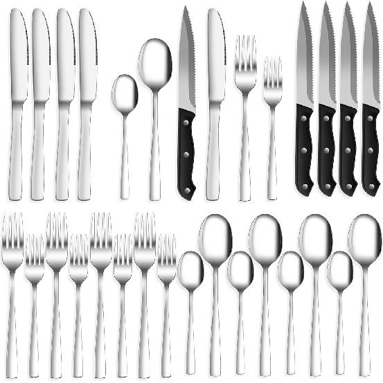 24-Piece Silverware Set Flatware Set for 4, Mirror Polished Stainless Steel with Steak Knives - Dishwasher Safe Kitchen Utensil Sets for Home,
