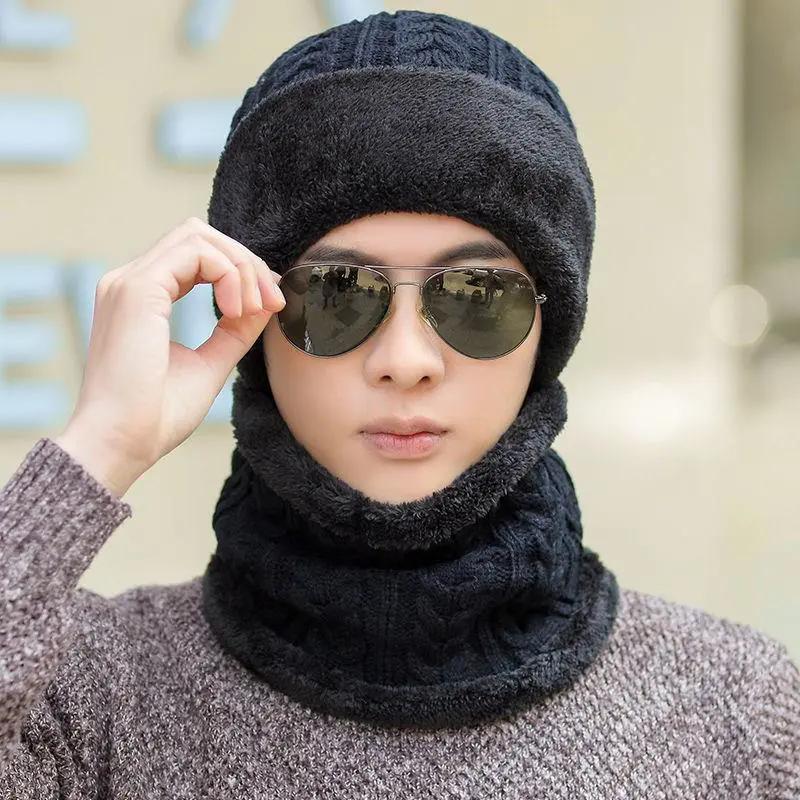 WTEMPO Windproof Cold-proof Warm Knitted Hat & Scarf Set Men's Autumn Winter Solid Color Plush Outdoor Cycling Soft Hats