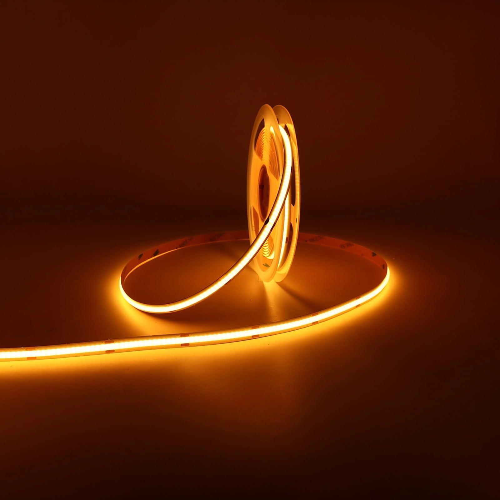 

24V DC COB LED Strip Light, 5m, Golden White, 480 LEDsm, Ultra-Narrow 8mm Width, High Brightness, High Color Rendering Index (CRI) 95, Dotless