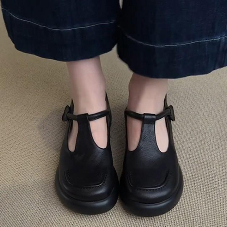 Soft Leather Version~ Retro Simple Round Head Platform Mary Jane Shoes Women's Commuting Versatile Casual Black Small Leather Shoes Single Shoes