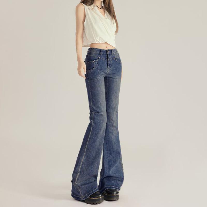Women's High Waist Flared Jeans Vintage Denim Pants Rivet Pocket Washed Slim Bell Bottom Trousers Japanese Casual Street Pants