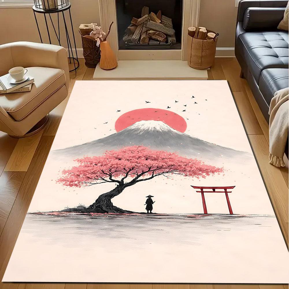 Mount Fuji with Sakura and Red Sun Patterned carpet, non slip mat suitable for living room and bedroom sofas