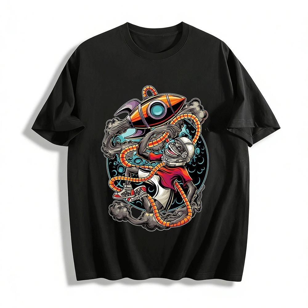 

Playful Space Monkey Rocket Print Casual Short Sleeve T-Shirt Pure cotton T-shirt XXS