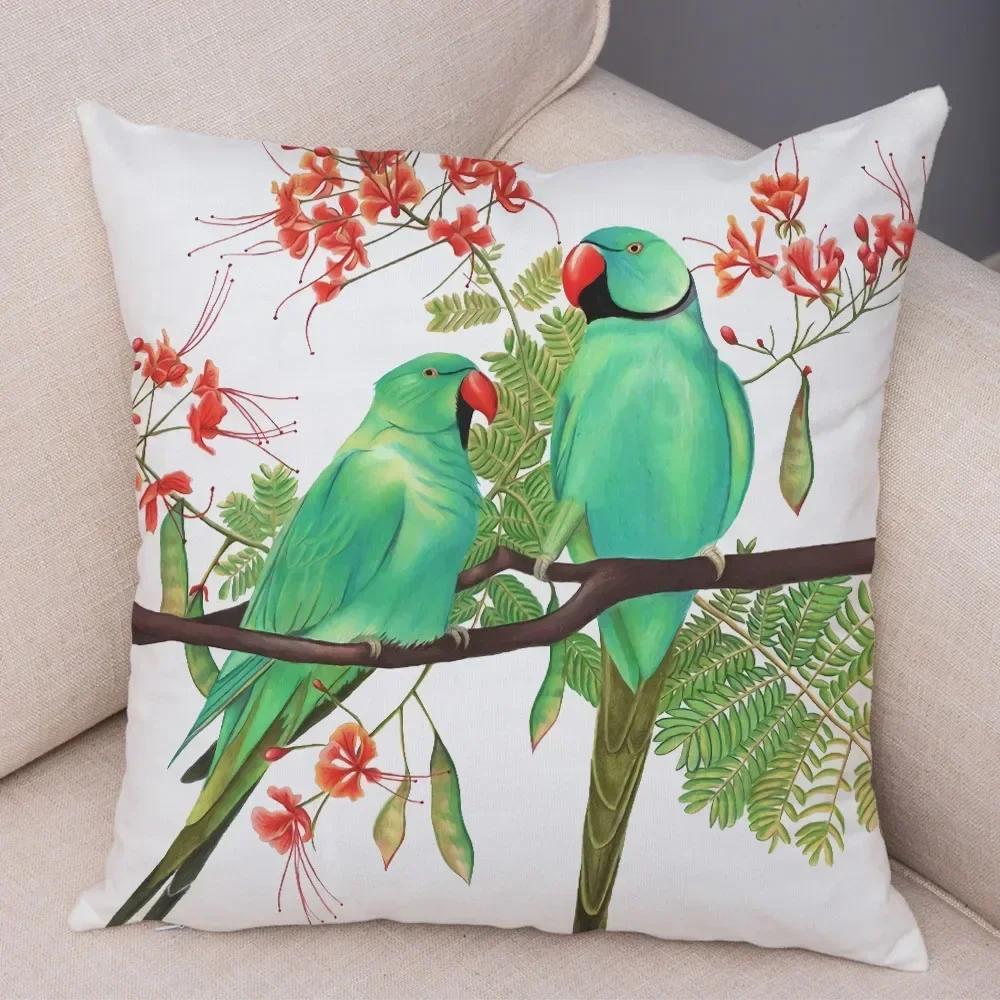Cute Cartoon Parrot Pillowcase Decorated With Birds And Flowers Living Room Bedroom Sofa Car Cushion Pillowcase 45X45Cm