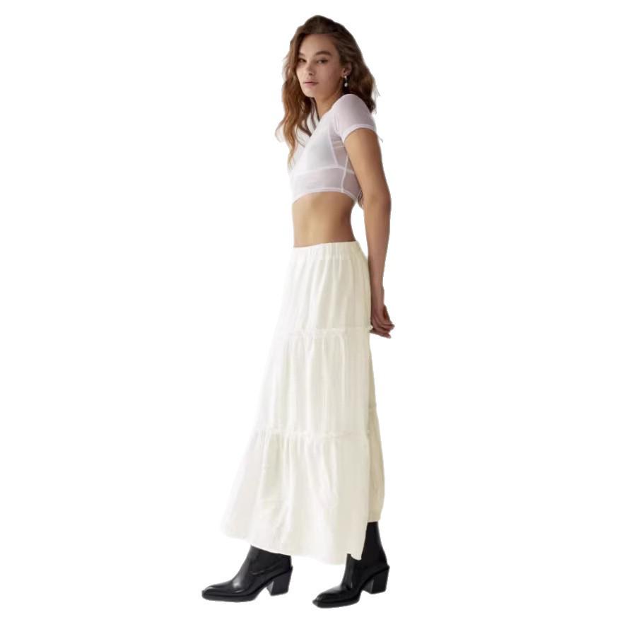Korean Style High Waist A-line Skirt - Women s Long Elastic Waist Drape Slimming Skirt for Vacation Large слоновая кость/белый