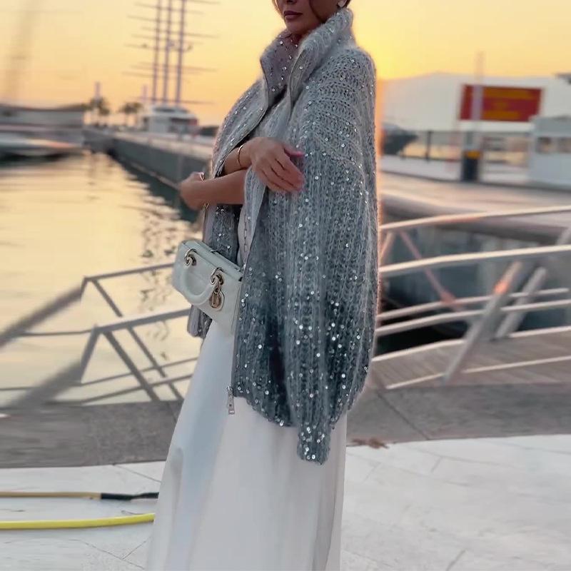 2023 podzimní/zimní evropská a americká flitrová volná svetrová bunda se stojacím límečkem pro ženy – útulný, tlustý cardigan styl