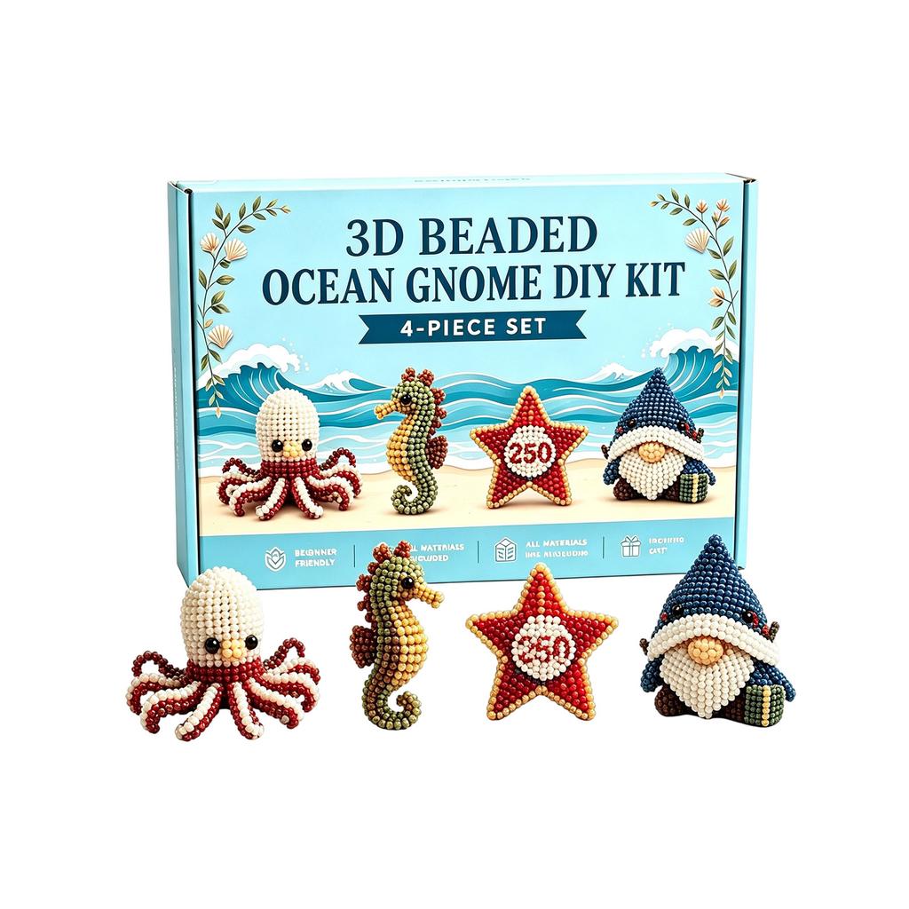 3D Beaded Ocean Gnome DIY Kit 4 Piece Set Includes Octopus Seahorse Starfish and Gnome Figures for Crafting and Decoration