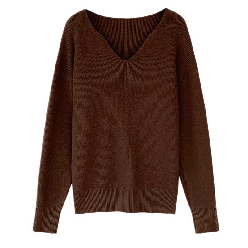 Autumn V-neck Knitted Bottoming Shirt Women's Solid Color Loose Casual Versatile Sweater Jacket Top Splicing Design